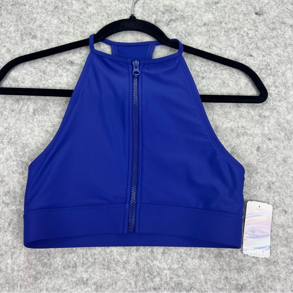 Forever 21 Sport Swim Top Royal Blue High Neck Zip Front Racerback Small NWT